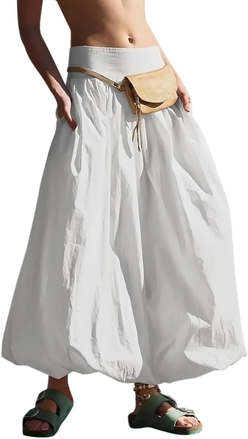 LAVASEON Women Ruffle Bubble Maxi Skirt Y2K High Elastic Waist A Line Pleated Summer Long Fair Skirt
