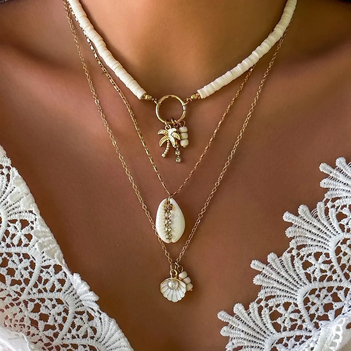Layered Beach Shell Necklace, White and Gold, Starfish Charm, 3-Strand Boho Summer Jewelry