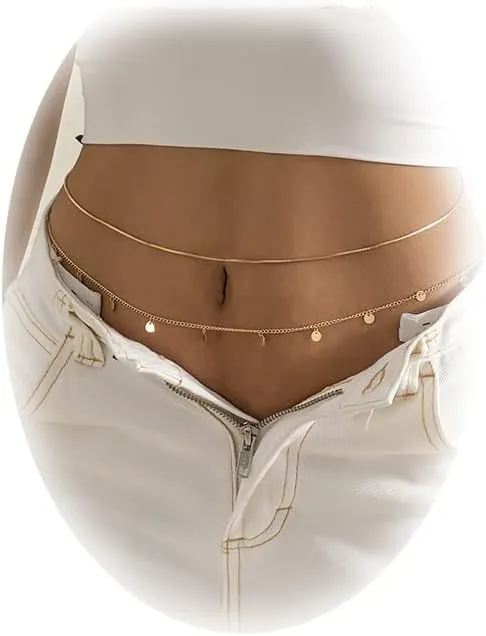 Layered Beads Waist Chain For Women Crystal Belt Chain for Teen Girls Multilayer Bead Belly Chain Beach Bikini Body Jewelry Accessories (Gold Sequins)