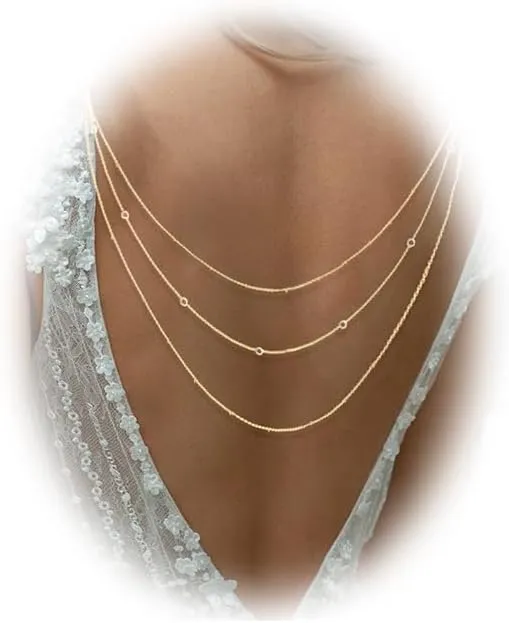 LayeredS Rhinestone Back Chain Necklace, Gold Dainty Body Jewelry for Backless Dress, Wedding Bridal Crystal Backdrop Jewelry