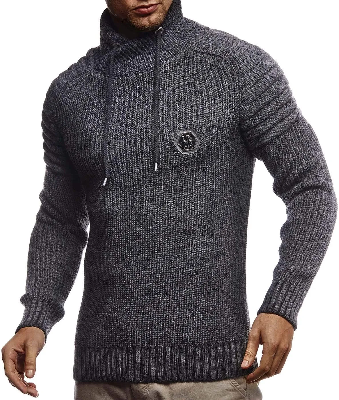 Leif Nelson Mens Knitted Pullover | Long-sleeved slim fit Knitwear | Biker-Style sweatshirt with shawl collar for Men
