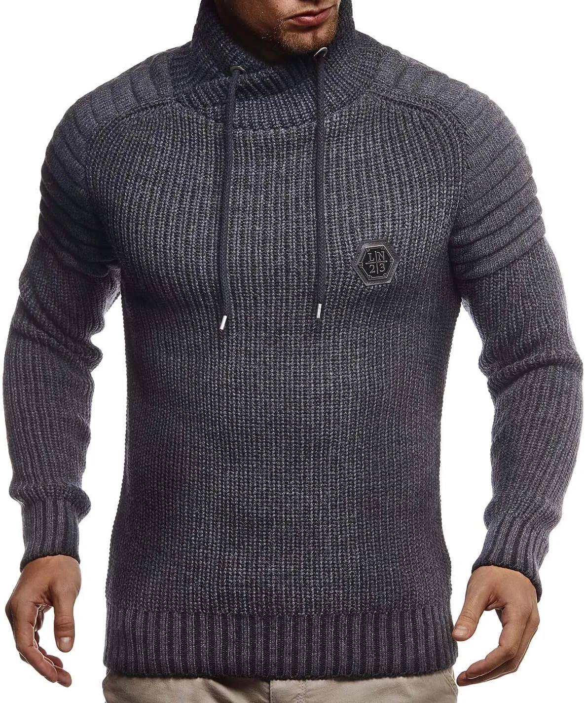 Leif Nelson Mens Knitted Pullover | Long-sleeved slim fit Knitwear | Biker-Style sweatshirt with shawl collar for Men