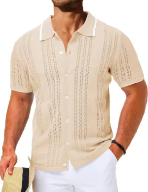 LETSEE Mens Short Sleeve Button Down Shirts Knit Polo Shirt Summer Beach Tops Resort Wear 2025