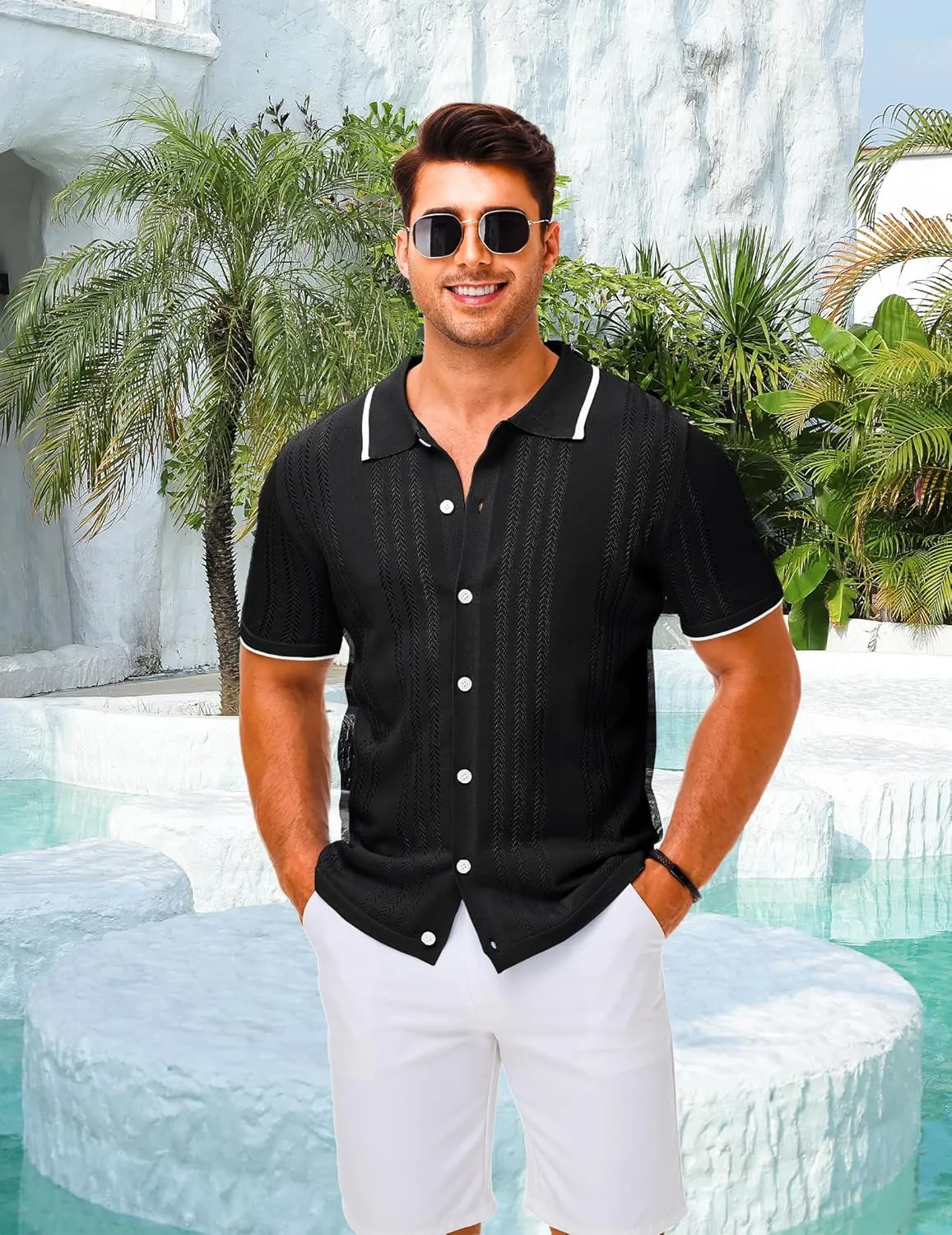 LETSEE Mens Short Sleeve Button Down Shirts Knit Polo Shirt Summer Beach Tops Resort Wear 2025