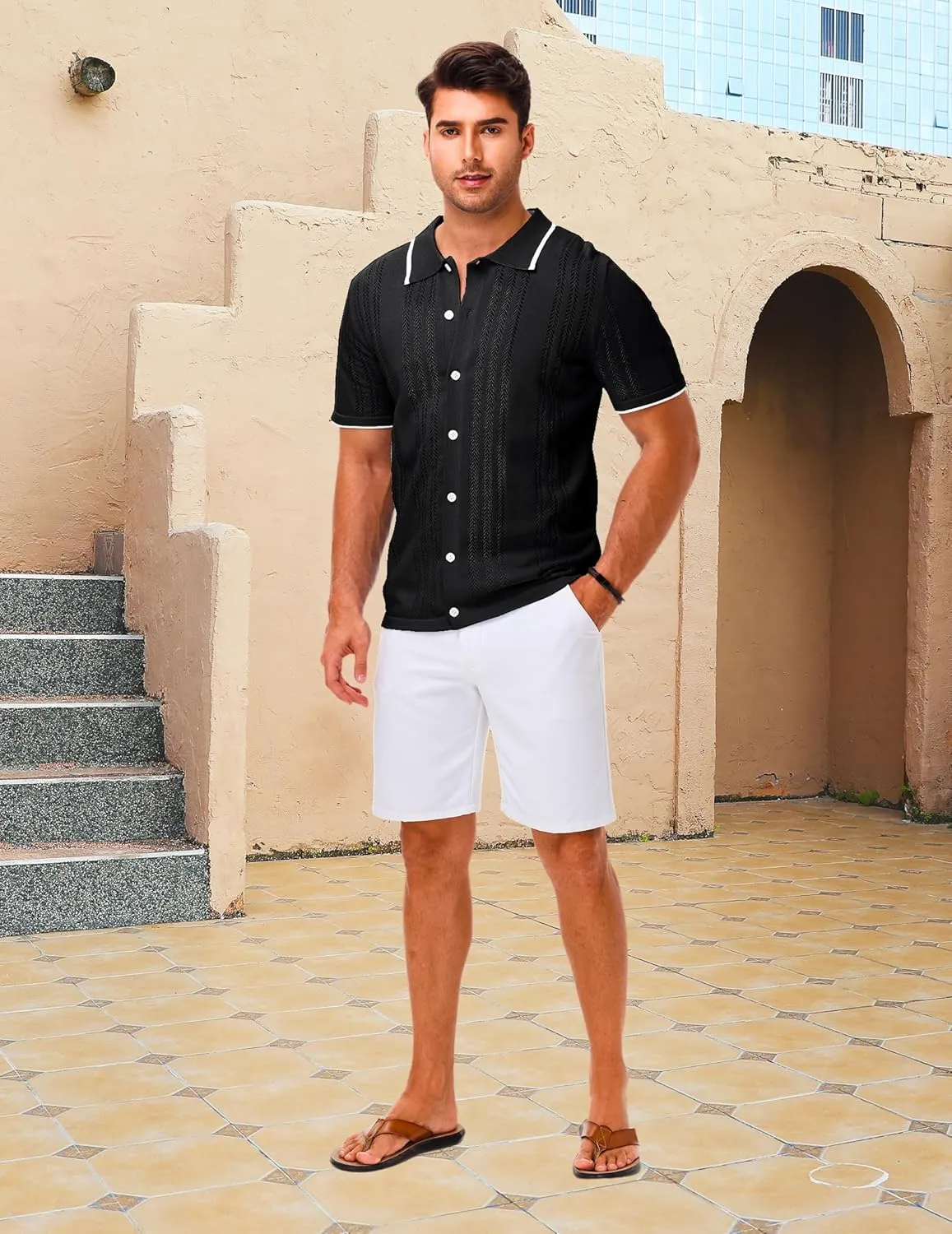 LETSEE Mens Short Sleeve Button Down Shirts Knit Polo Shirt Summer Beach Tops Resort Wear 2025