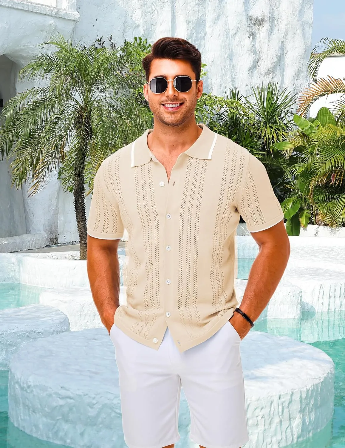 LETSEE Mens Short Sleeve Button Down Shirts Knit Polo Shirt Summer Beach Tops Resort Wear 2025
