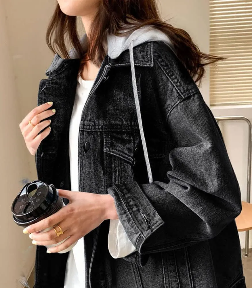 LifeShe Women's denim jacket with hood oversized distressed jean jackets hoodie