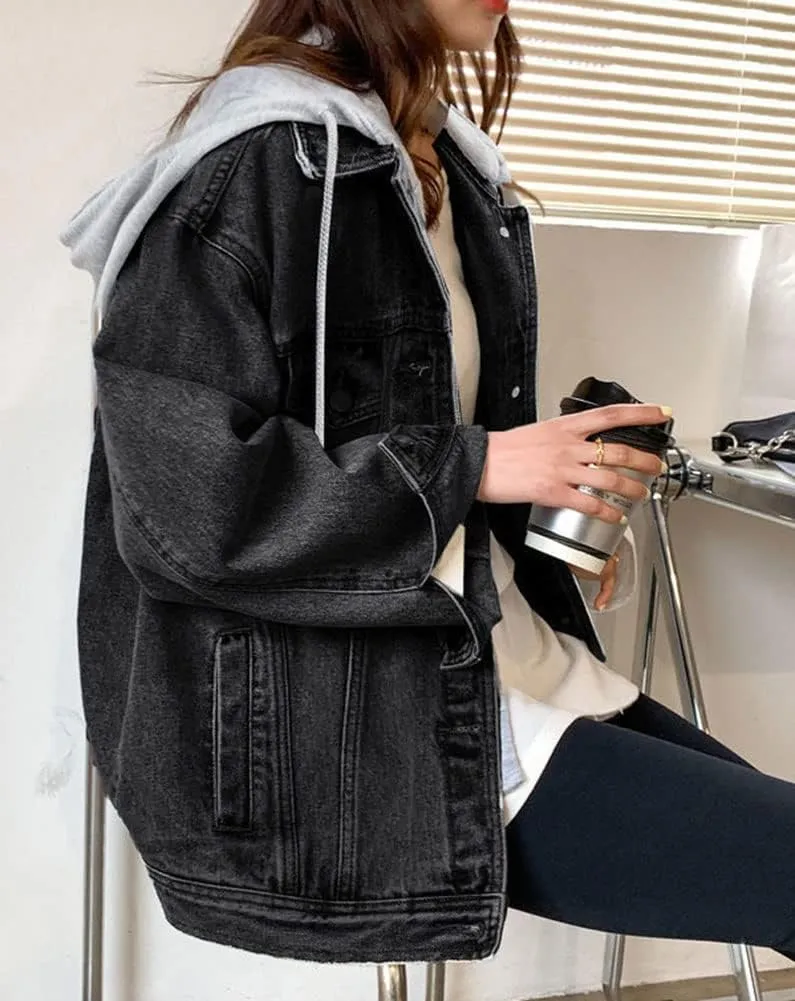 LifeShe Women's denim jacket with hood oversized distressed jean jackets hoodie