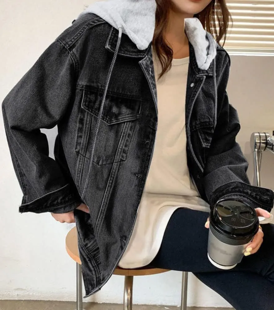 LifeShe Women's denim jacket with hood oversized distressed jean jackets hoodie