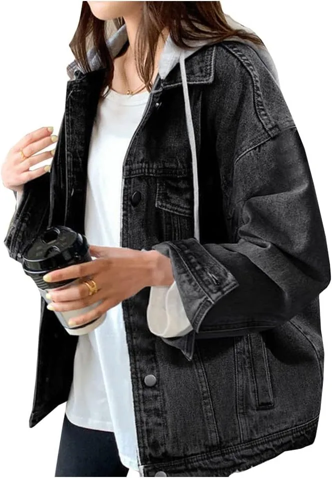 LifeShe Women's denim jacket with hood oversized distressed jean jackets hoodie