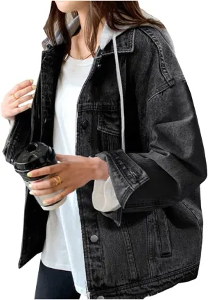 LifeShe Women's denim jacket with hood oversized distressed jean jackets hoodie