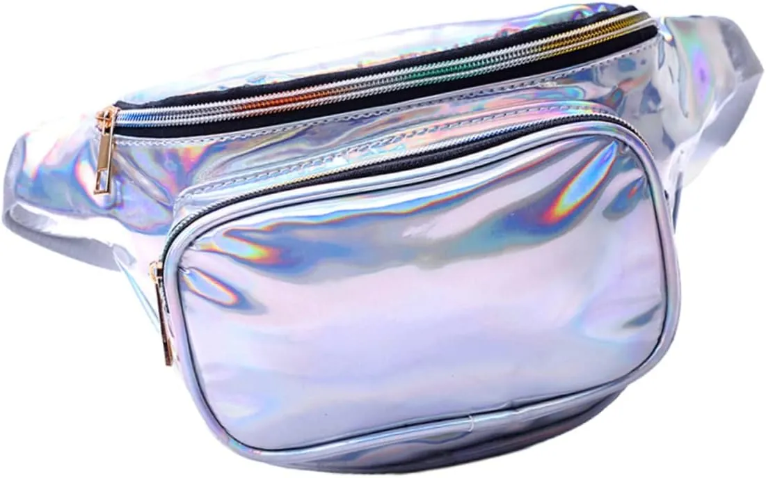 LIFKOME Chic Sequin Pu Leather Chest Bag Women's Waist Pouch Reflective Stripes for Outdoor Travel Beauty Products