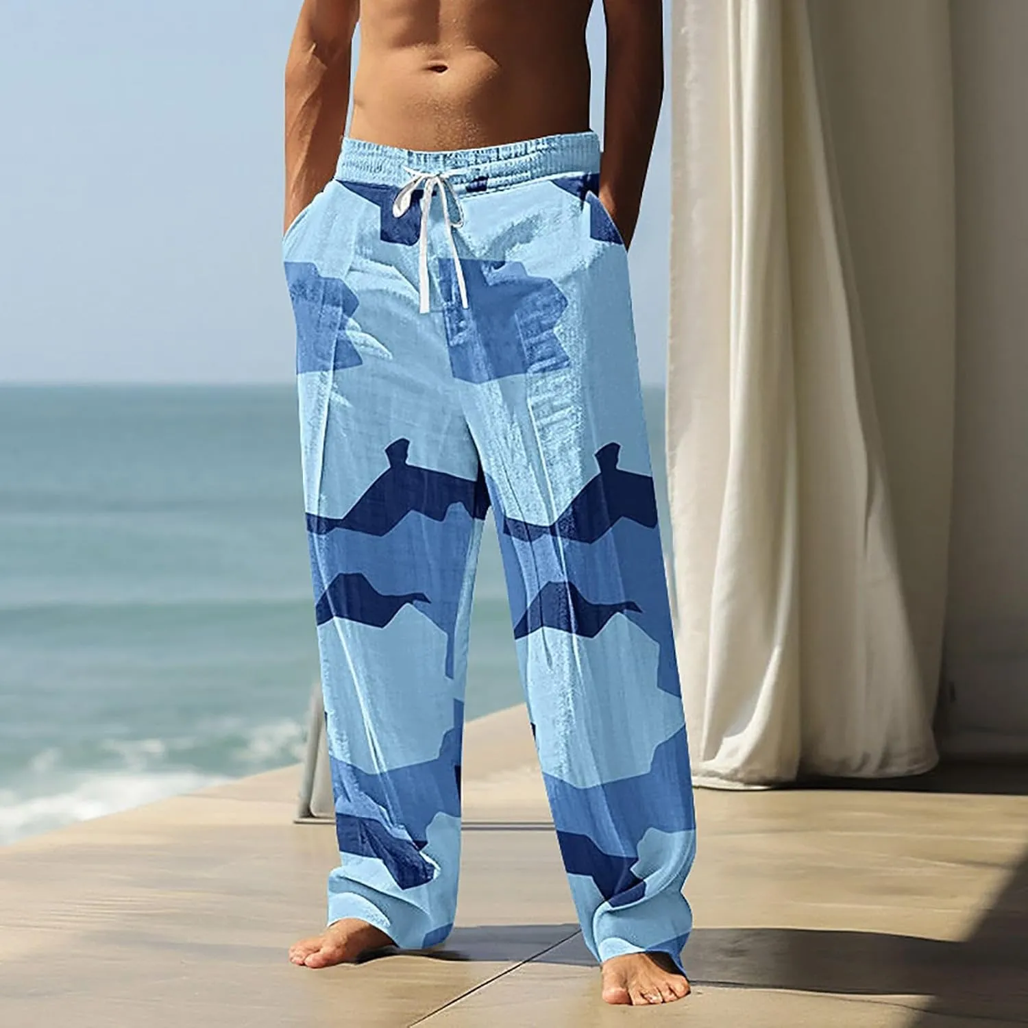 Lightweight Summer Beach Pant Striped Printed Pants Summer Yoga Beach Trousers Mens Linen Blend Pants Mens Hippie