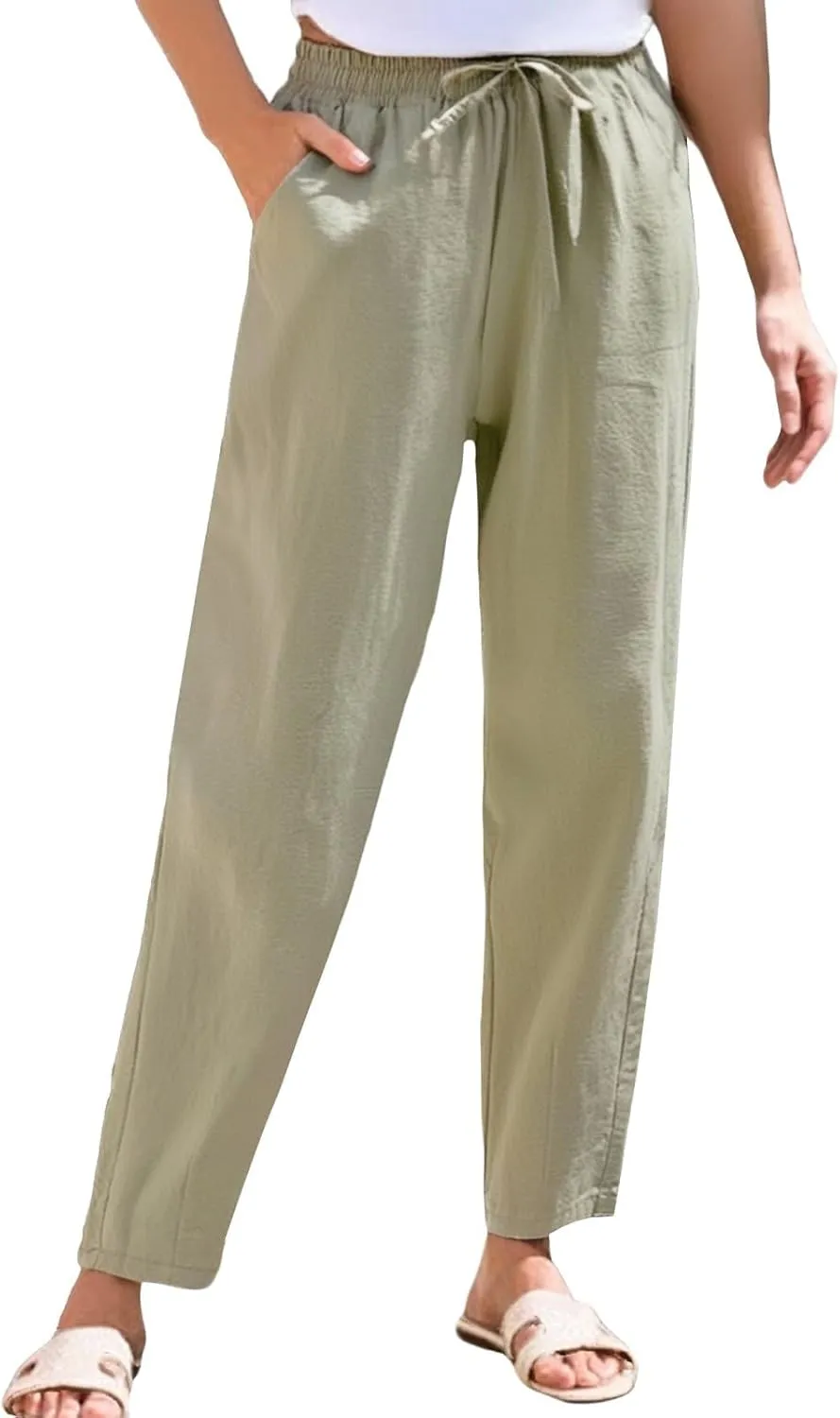Linen Capris for Women High Waisted Cotton Linen Tapered Cropped Pants Summer Straight Leg Drawstring Trousers