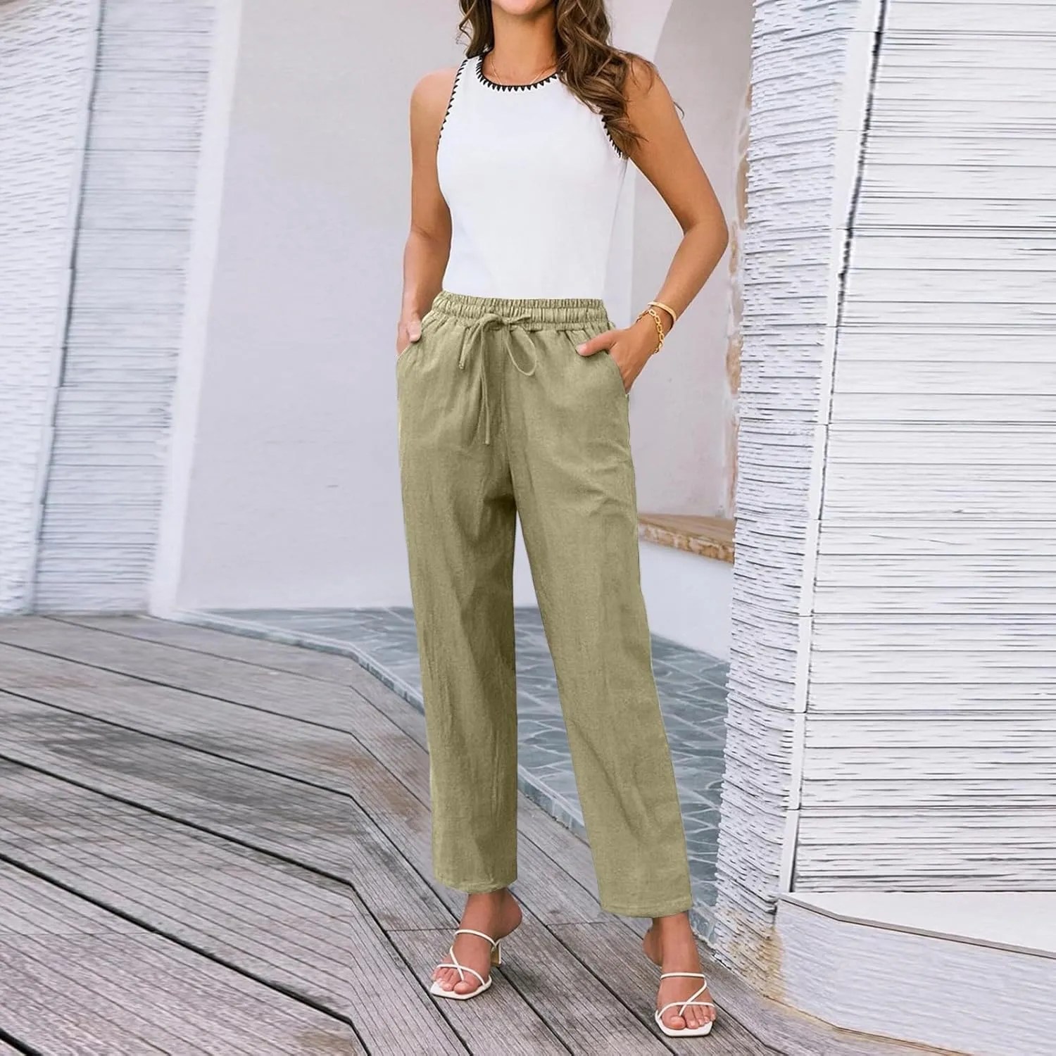 Linen Capris for Women High Waisted Cotton Linen Tapered Cropped Pants Summer Straight Leg Drawstring Trousers