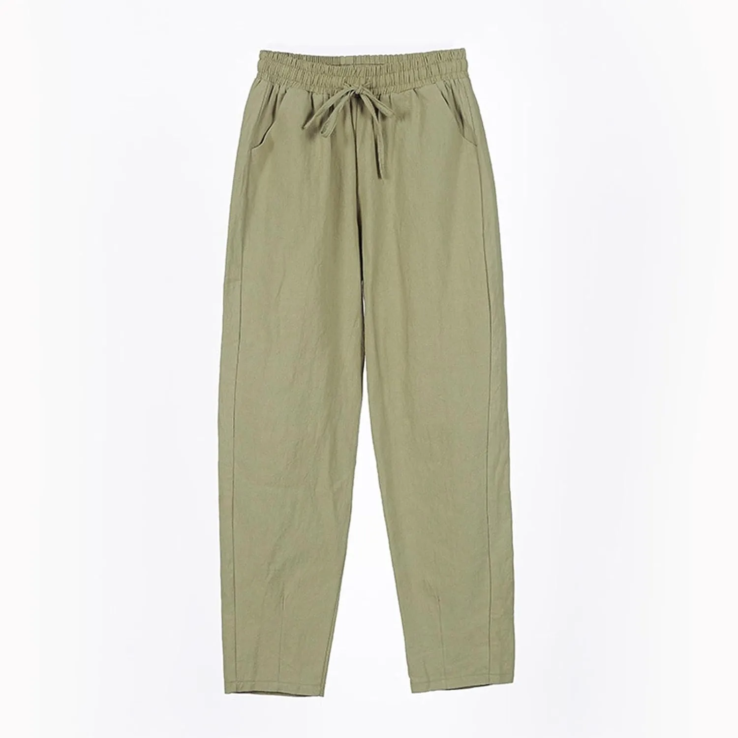 Linen Capris for Women High Waisted Cotton Linen Tapered Cropped Pants Summer Straight Leg Drawstring Trousers