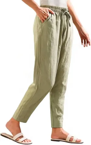 Linen Capris for Women High Waisted Cotton Linen Tapered Cropped Pants Summer Straight Leg Drawstring Trousers