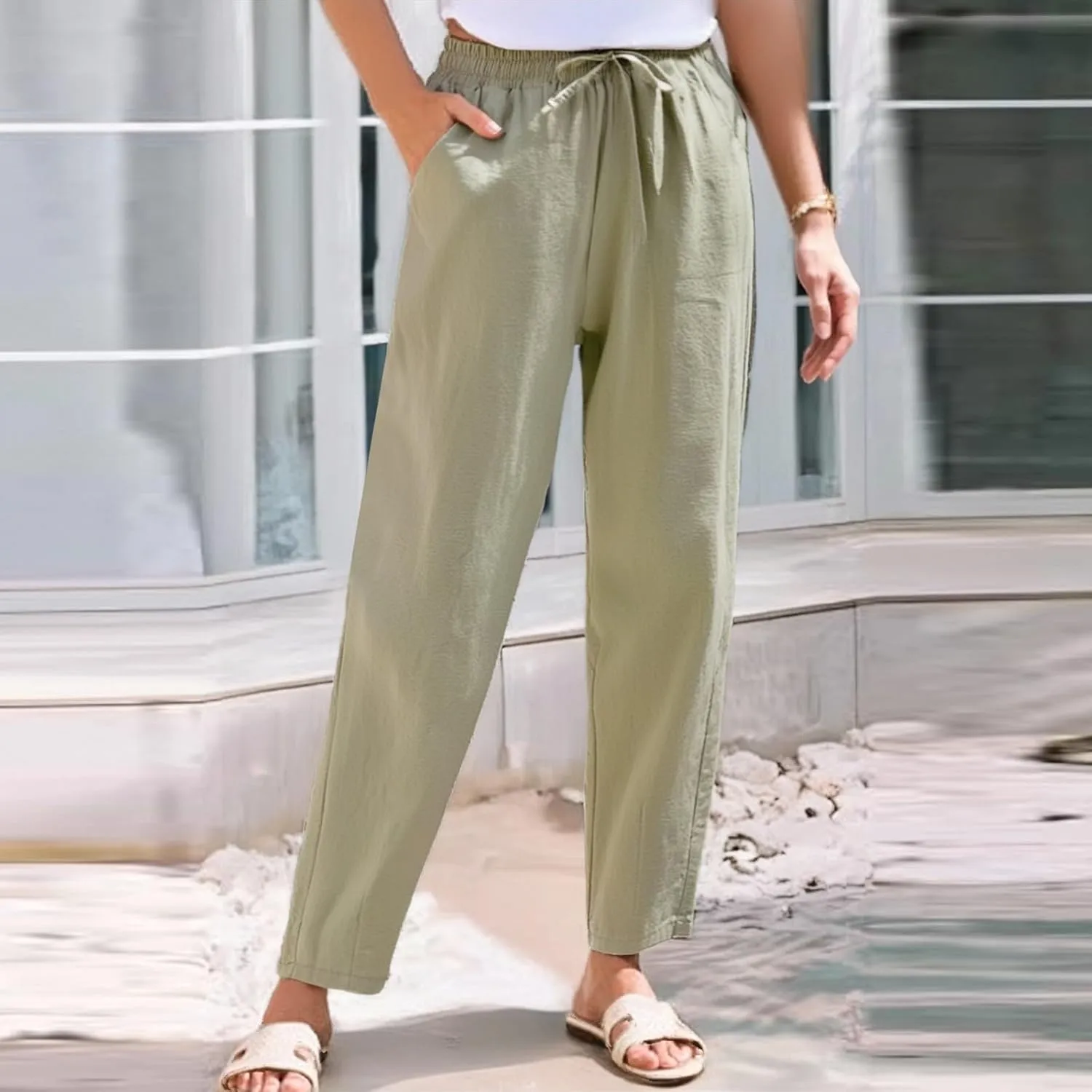 Linen Capris for Women High Waisted Cotton Linen Tapered Cropped Pants Summer Straight Leg Drawstring Trousers