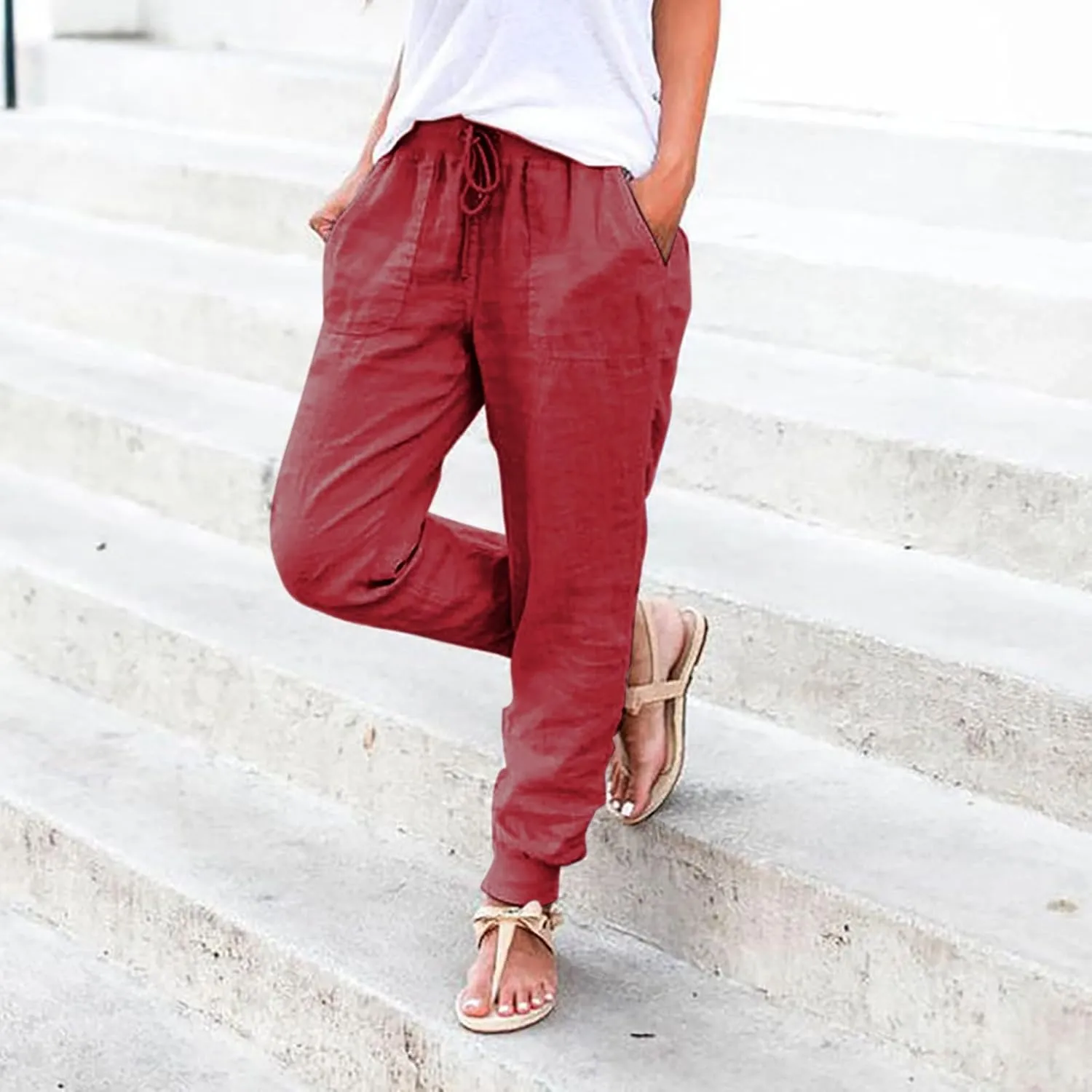 Linen Pants for Women 2025 Summer High Waist Straight Leg Lounge Pant Casual Loose Lightweight Beach Trousers with