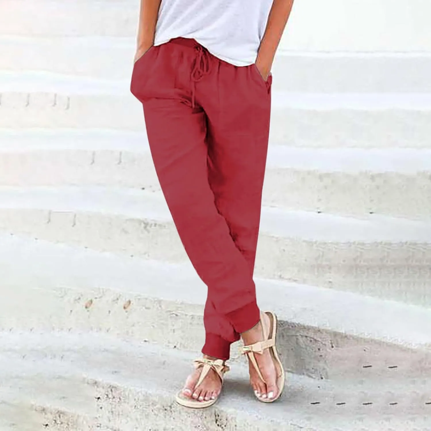 Linen Pants for Women 2025 Summer High Waist Straight Leg Lounge Pant Casual Loose Lightweight Beach Trousers with