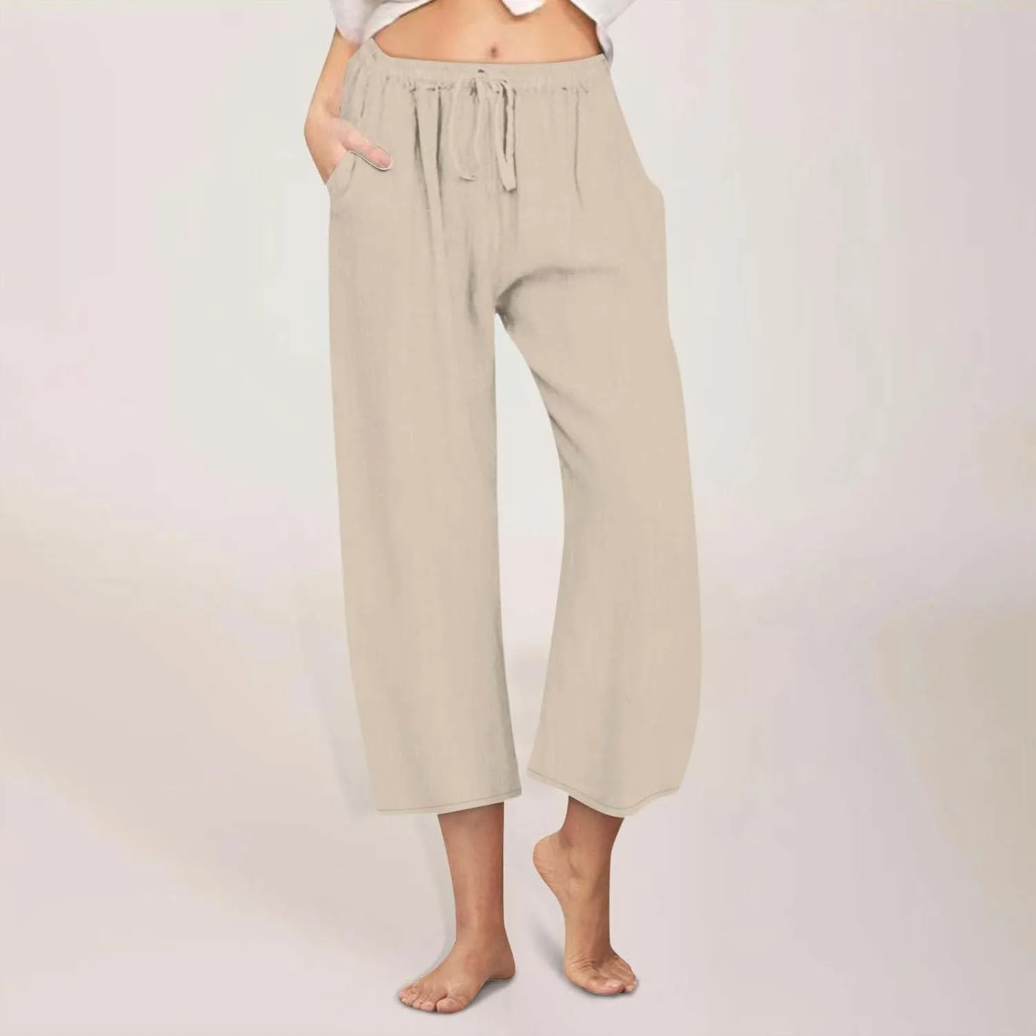 Linen Pants for Women Soft Casual Drawstring Elastic Waist Loose Pants Wide Leg Lounge Trouser Summer Beach Outfits