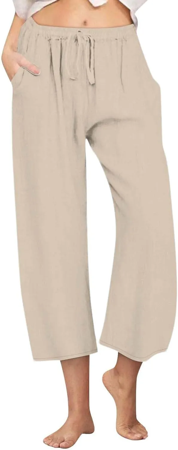 Linen Pants for Women Soft Casual Drawstring Elastic Waist Loose Pants Wide Leg Lounge Trouser Summer Beach Outfits