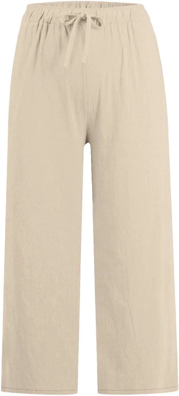 Linen Pants for Women Soft Casual Drawstring Elastic Waist Loose Pants Wide Leg Lounge Trouser Summer Beach Outfits