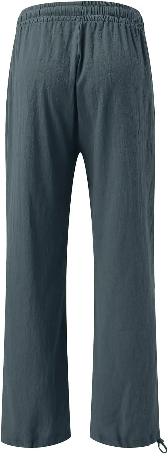 Linen Pants for Women Summer High Waisted Wide Leg Pants Casual Elastic Waist Palazzo Pants Beach Pants with Pockets
