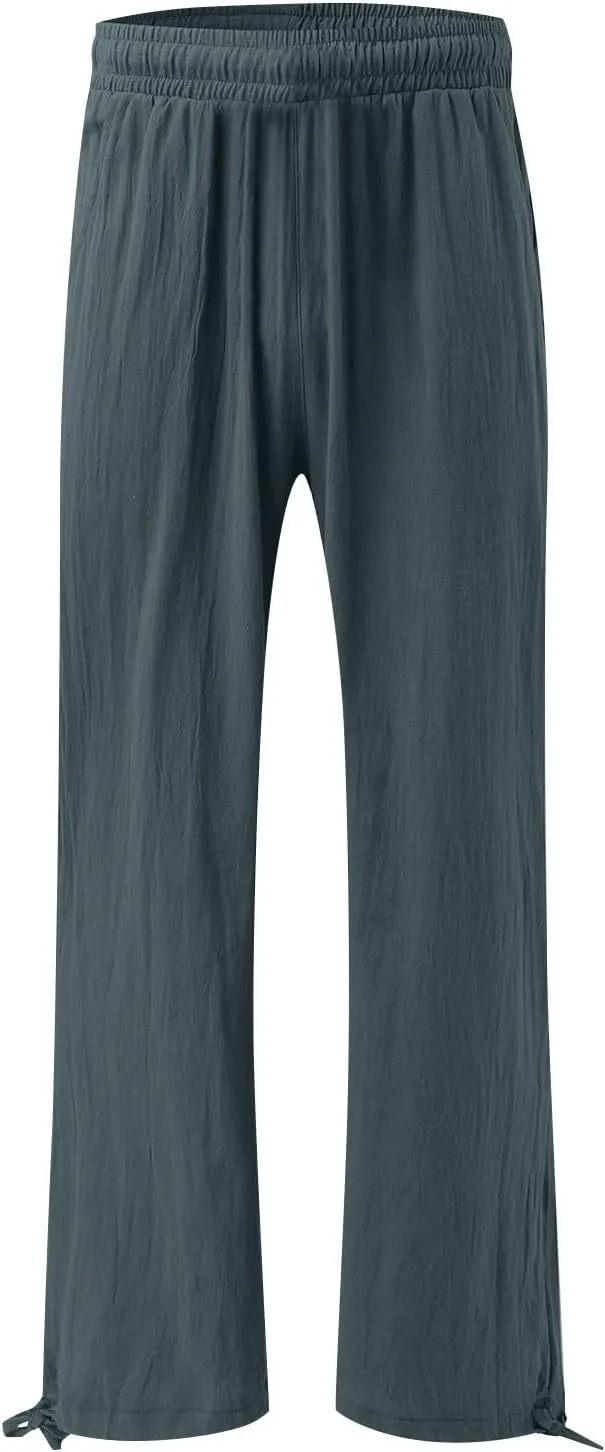 Linen Pants for Women Summer High Waisted Wide Leg Pants Casual Elastic Waist Palazzo Pants Beach Pants with Pockets
