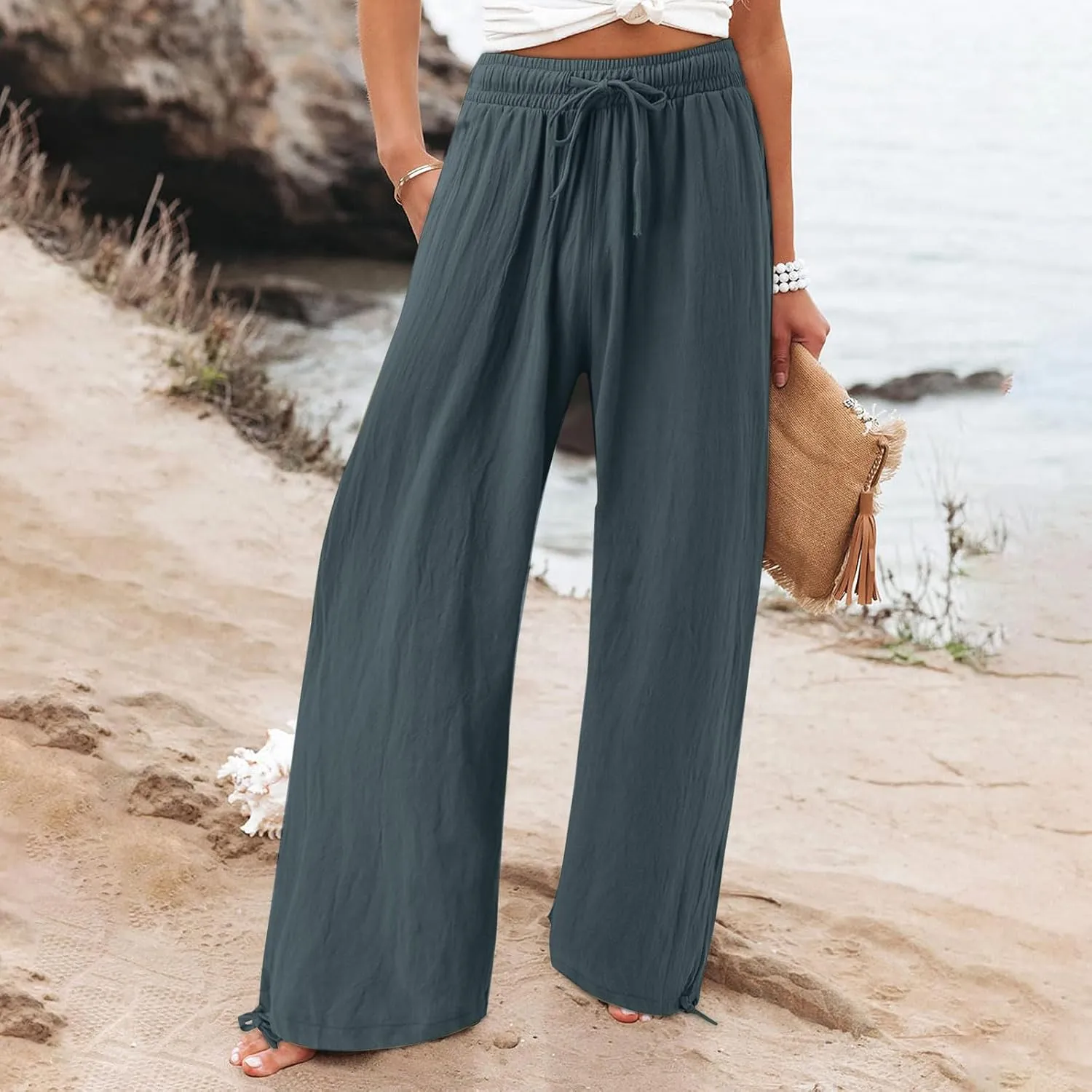Linen Pants for Women Summer High Waisted Wide Leg Pants Casual Elastic Waist Palazzo Pants Beach Pants with Pockets