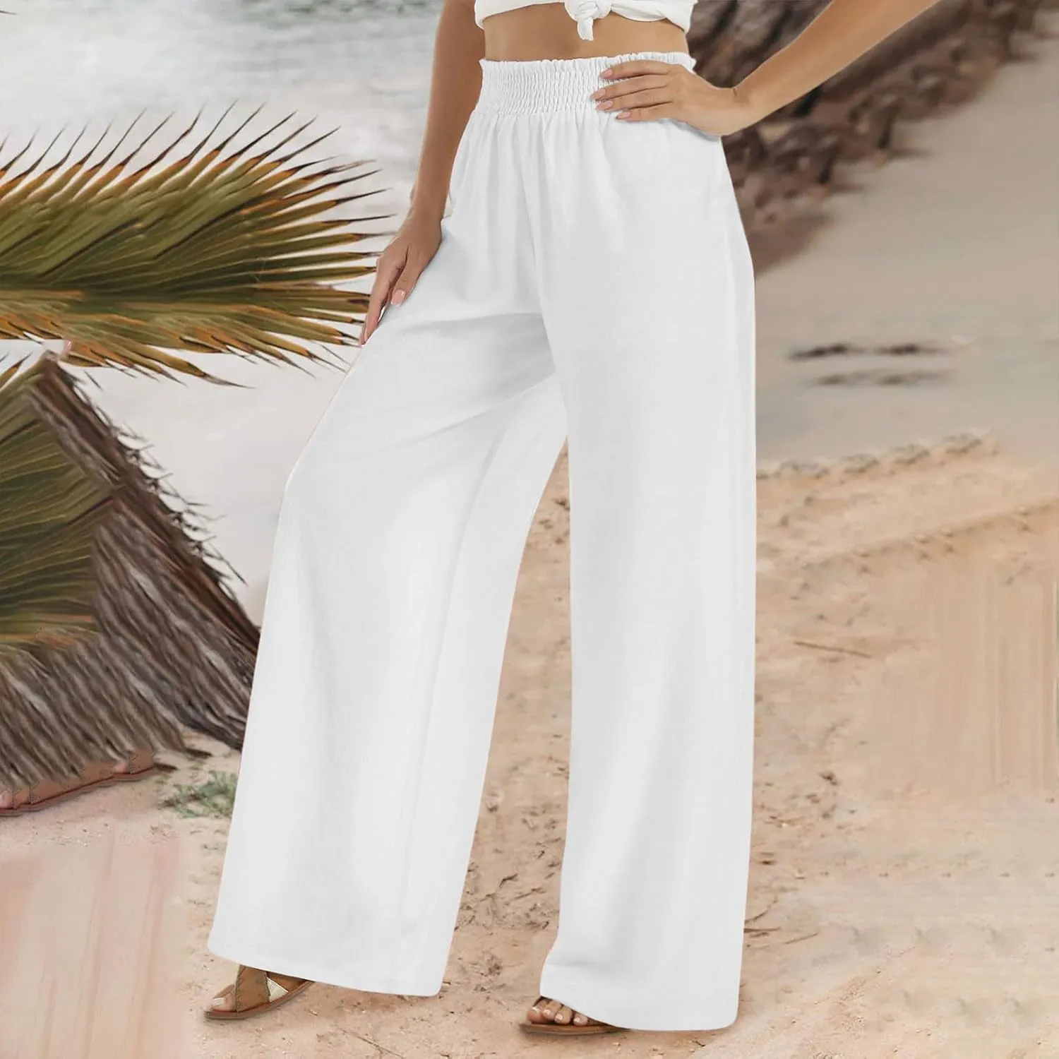 Linen Pants for Women's Smocked High Waist Palazzo Pants Summer Flowy Long Pants Wide Leg Beach Trousers with Pockets