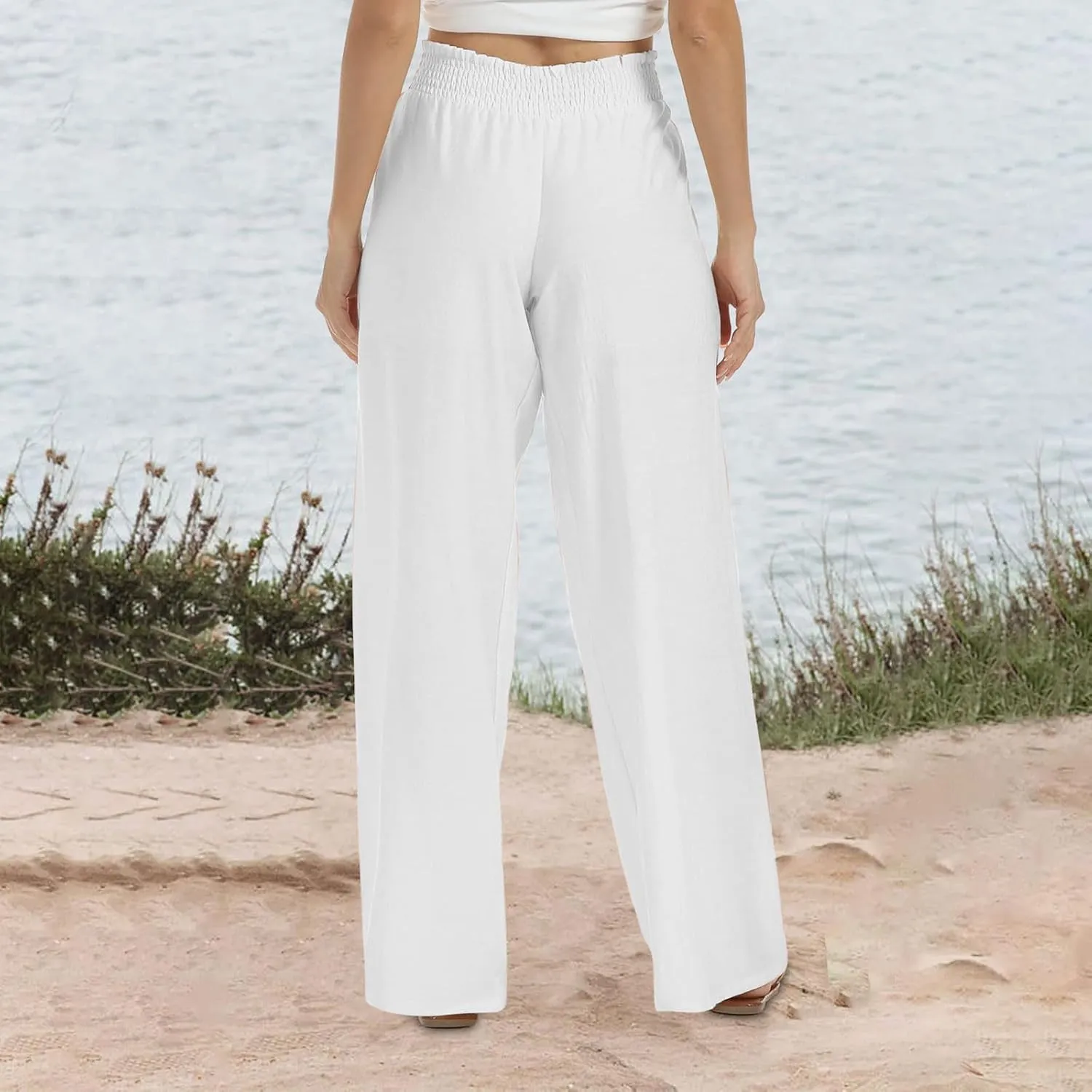 Linen Pants for Women's Smocked High Waist Palazzo Pants Summer Flowy Long Pants Wide Leg Beach Trousers with Pockets