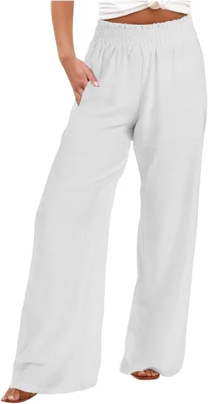 Linen Pants for Women's Smocked High Waist Palazzo Pants Summer Flowy Long Pants Wide Leg Beach Trousers with Pockets