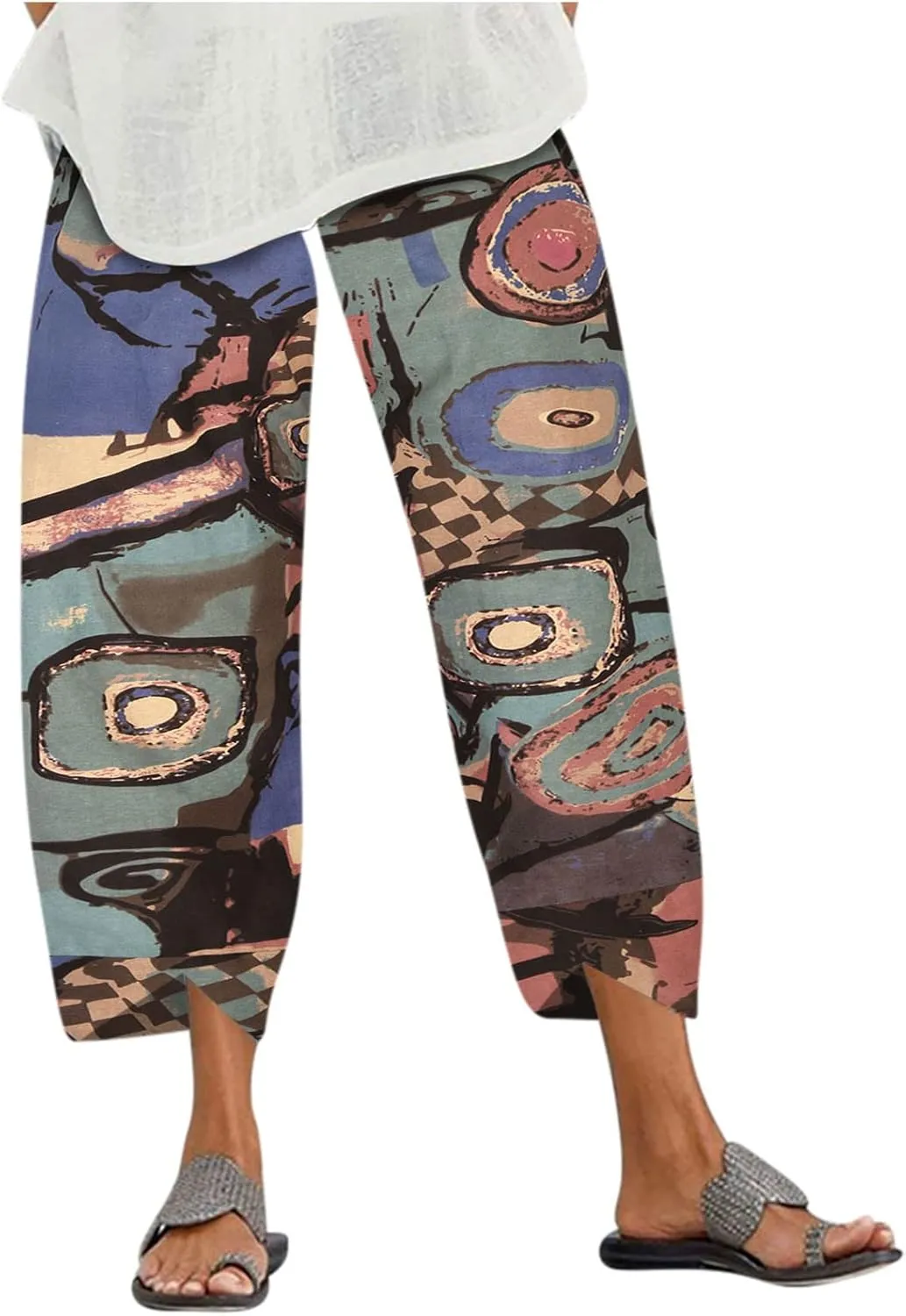 Linen Pants Women Casual Summer Cotton Cropped Tulip Pants Baggy Elastic Waisted Lounge Pants Trousers with Pockets