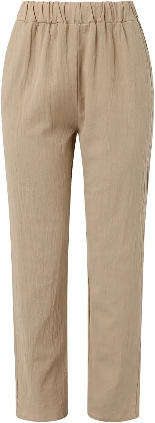 Linen Pants Women High Waist Loose Summer Beach Pants Casual Lightweight Drawstring Lounge Trousers with Pockets