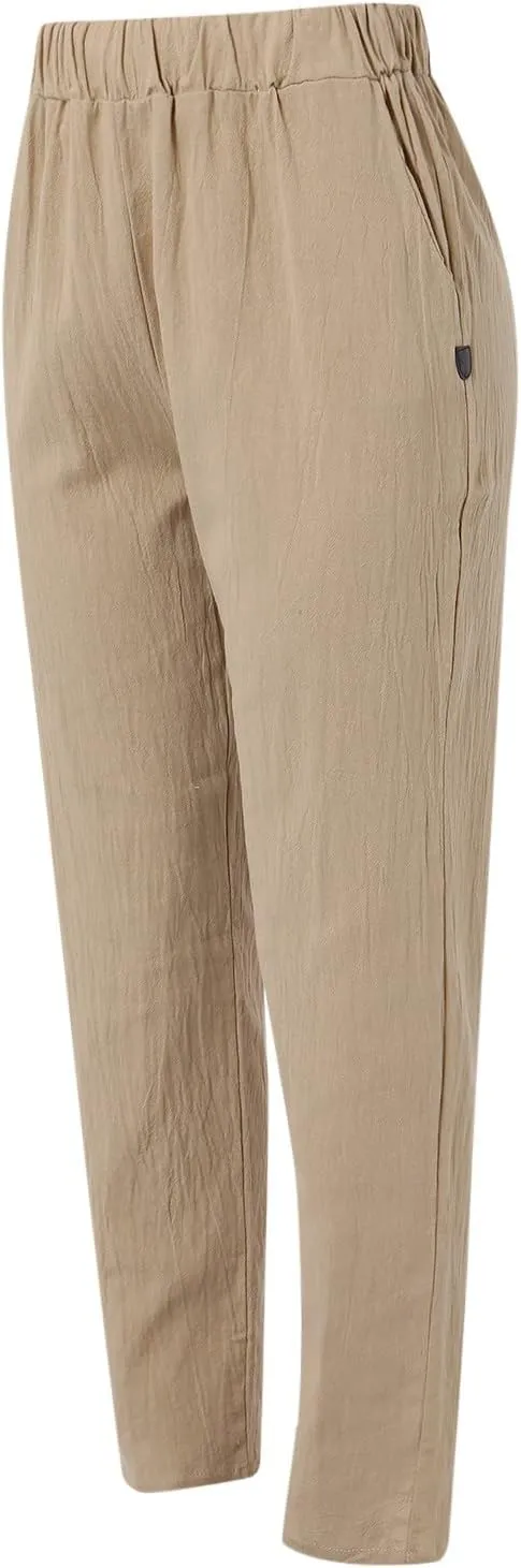 Linen Pants Women High Waist Loose Summer Beach Pants Casual Lightweight Drawstring Lounge Trousers with Pockets