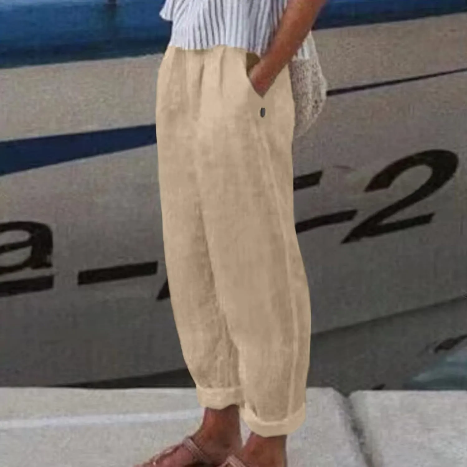 Linen Pants Women High Waist Loose Summer Beach Pants Casual Lightweight Drawstring Lounge Trousers with Pockets