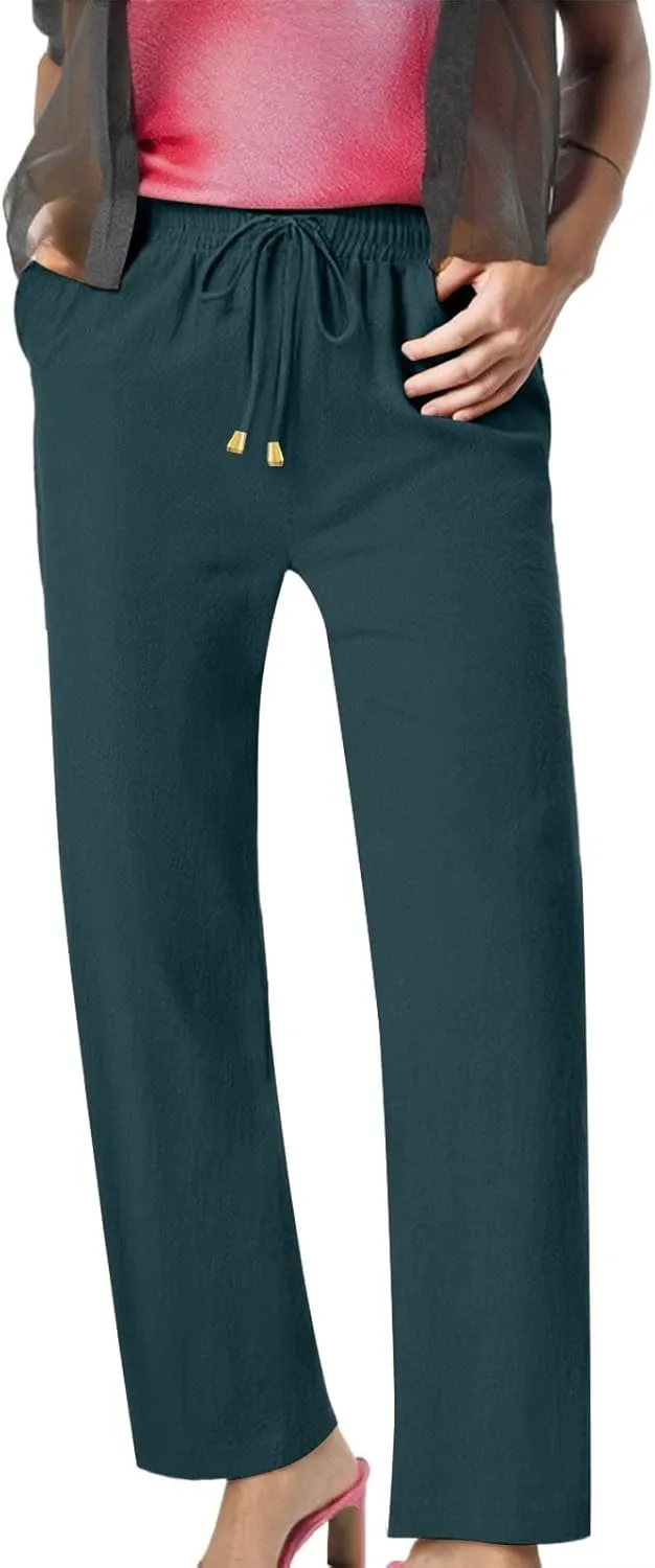 Linen Pants Women Summer Casual Capri Wide Leg Pants with Pockets Palazzo Comfy Baggy High Waisted Pant