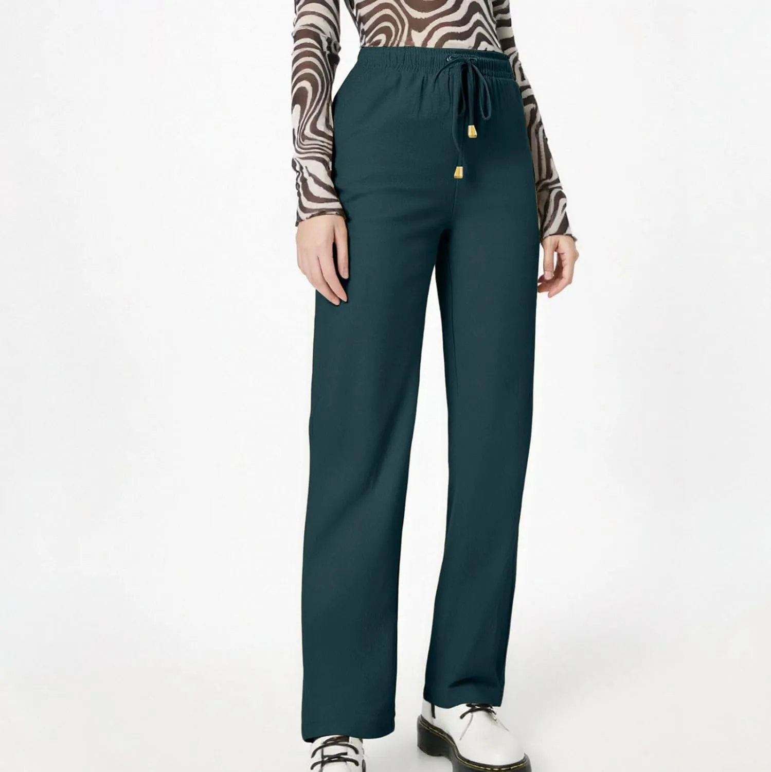 Linen Pants Women Summer Casual Capri Wide Leg Pants with Pockets Palazzo Comfy Baggy High Waisted Pant