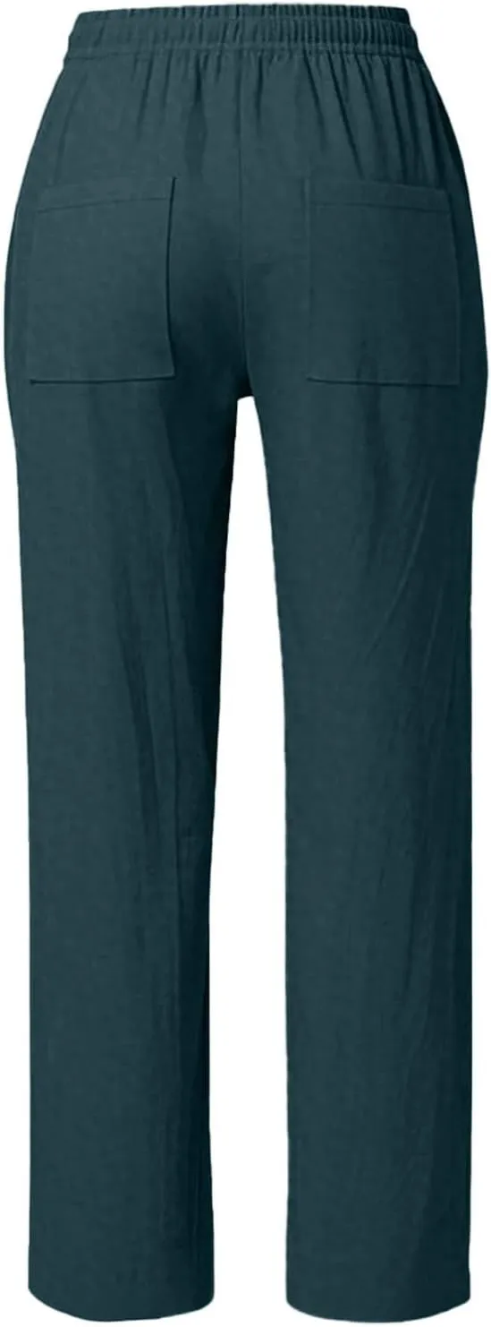 Linen Pants Women Summer Casual Capri Wide Leg Pants with Pockets Palazzo Comfy Baggy High Waisted Pant