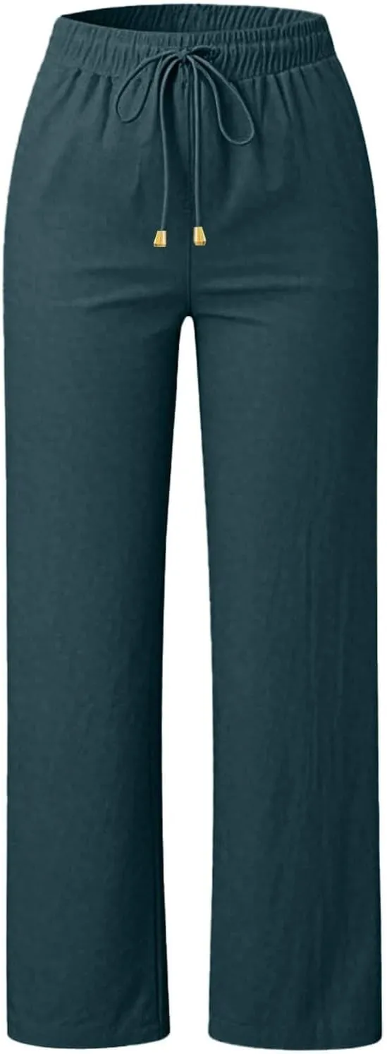 Linen Pants Women Summer Casual Capri Wide Leg Pants with Pockets Palazzo Comfy Baggy High Waisted Pant