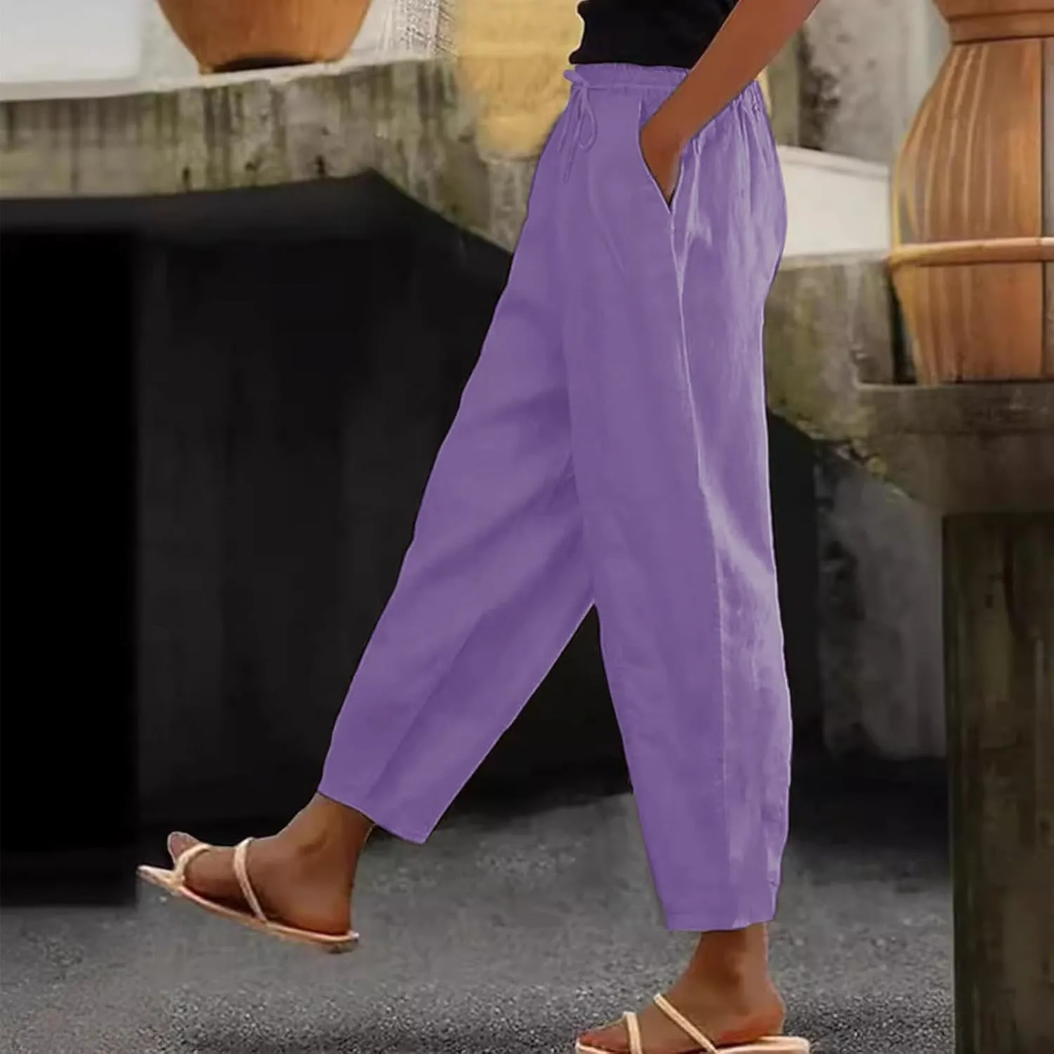 Linen Pants Women Summer High Elastic Waist Drawstring Palazzo Pants Straight Leg Slacks with Pockets