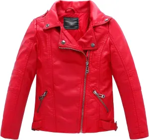 LOKTARC Boys Girls Spring Motorcycle Faux Leather Jackets with Oblique Zipper