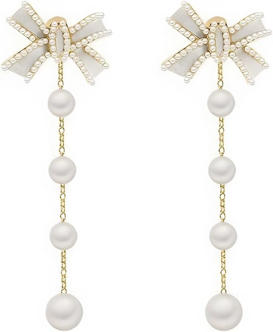 Long Bow Gold Plated Pearl Drop Earrings - Hypoallergenic Elegant Tassel Studs for Women, Birthday Gift