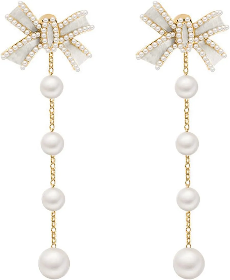 Long Bow Pearl Drop Earrings for Women, Gold Plated Pearl Dangle Earrings, Hypoallergenic Elegant Gold Pearl Tassel Earring, Birthday Gift