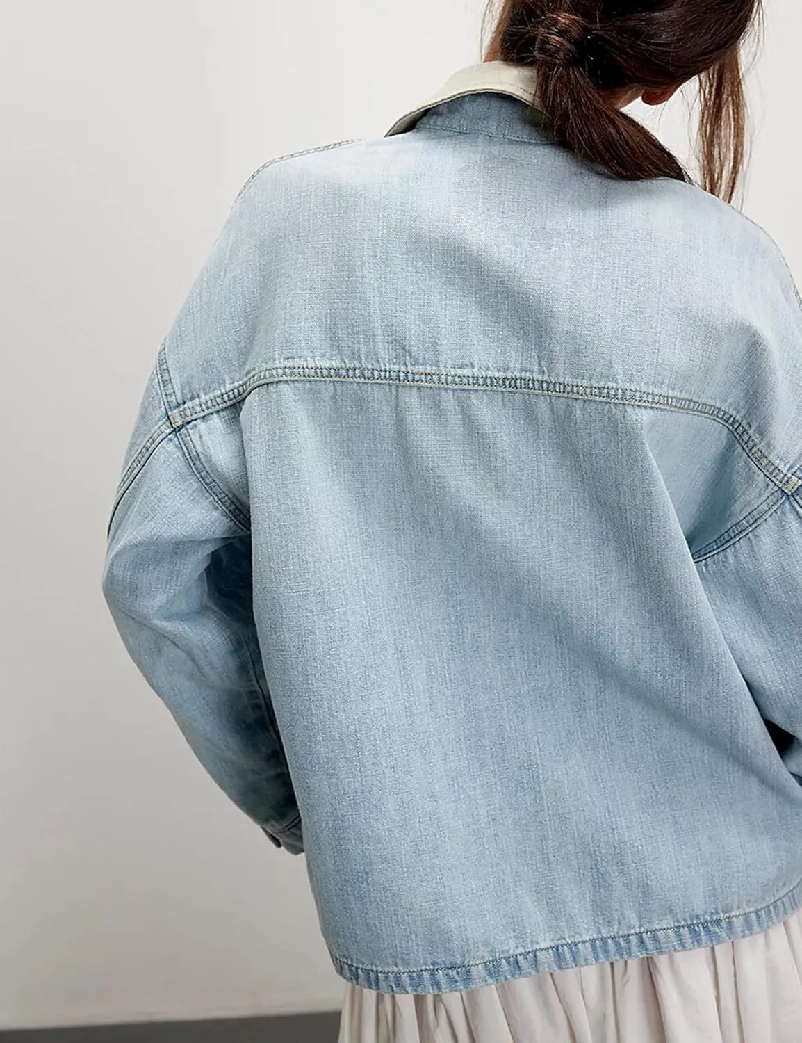 Lumister Womens Jean Jacket Oversized Button Down Side Pockets Winter Long Sleeves Contrasting Demin Jacket