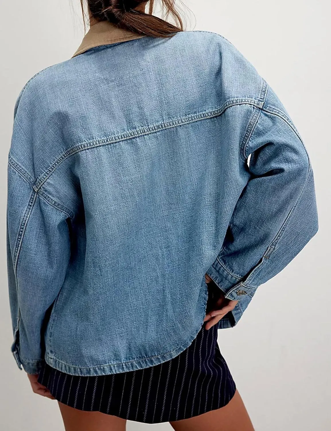 Lumister Womens Jean Jacket Oversized Button Down Side Pockets Winter Long Sleeves Contrasting Demin Jacket