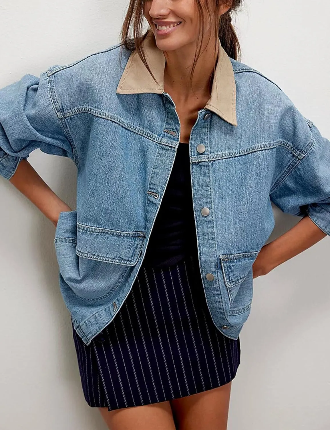 Lumister Womens Jean Jacket Oversized Button Down Side Pockets Winter Long Sleeves Contrasting Demin Jacket