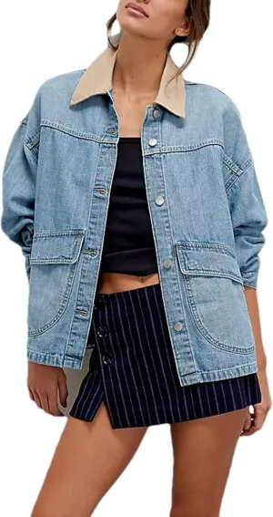 Lumister Womens Jean Jacket Oversized Button Down Side Pockets Winter Long Sleeves Contrasting Demin Jacket