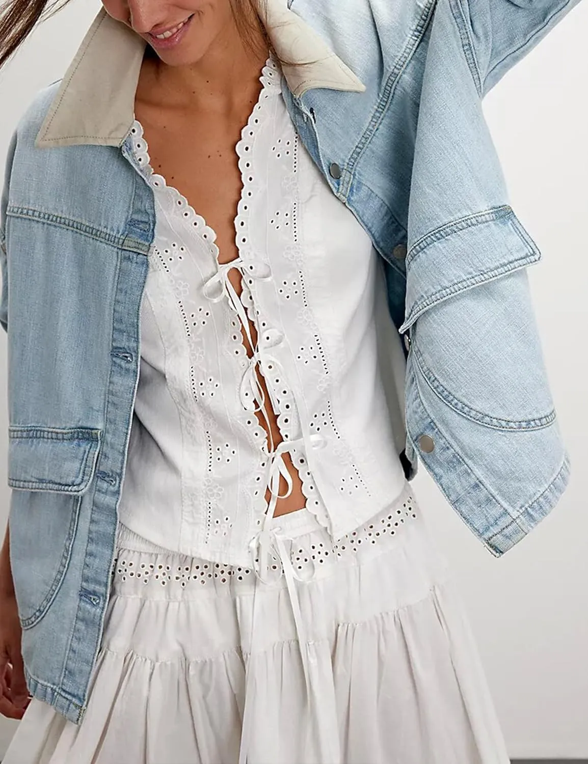 Lumister Womens Jean Jacket Oversized Button Down Side Pockets Winter Long Sleeves Contrasting Demin Jacket